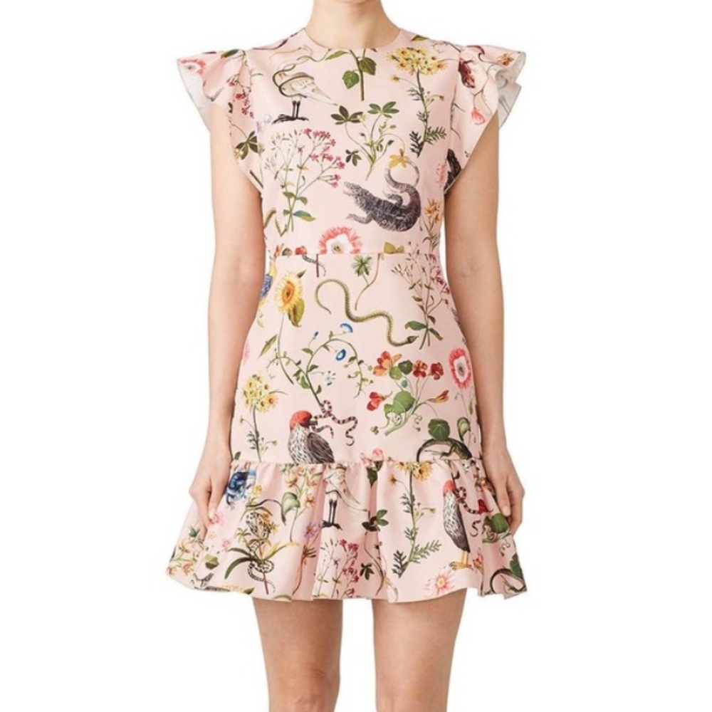 RED Valentino Bird Reptile Print Dress Floral Printed Crepe US 4